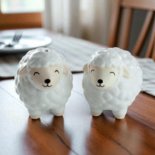 Sheep-shaped ceramic salt and pepper shakers, gray and cream sheep with faces, rounded wool body