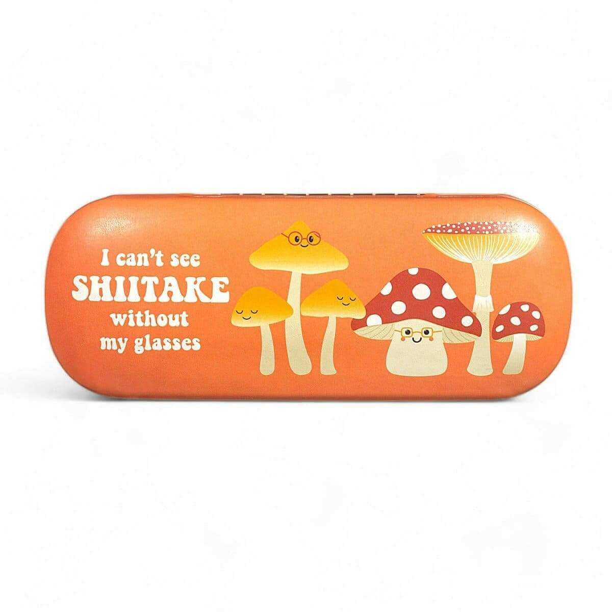 Orange mushroom-print glasses case with illustrated fungi and 'Shiitake' text.