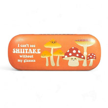 Orange mushroom-print glasses case with illustrated fungi and 'Shiitake' text.