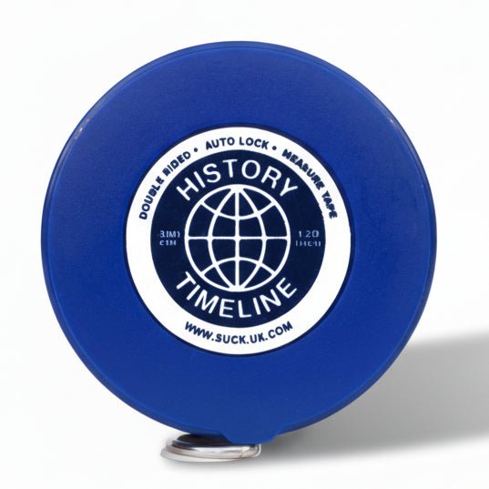 Blue History Timeline measuring tape reel with globe logo and pull ring
