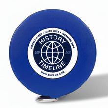Blue History Timeline measuring tape reel with globe logo and pull ring