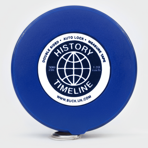 Blue History Timeline measuring tape reel with globe graphic and measurement scale marks