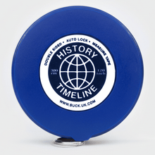 Blue History Timeline measuring tape reel with globe graphic and measurement scale marks