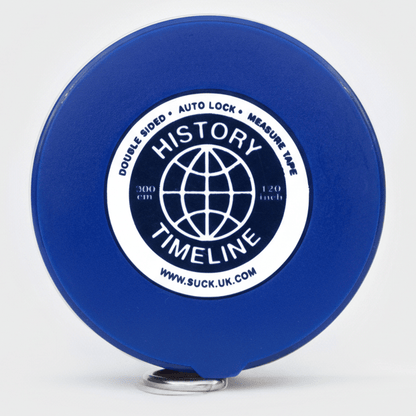Blue History Timeline measuring tape reel with globe graphic and measurement scale marks