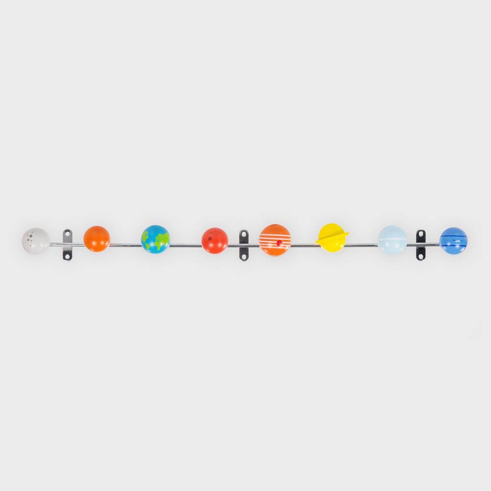 Solar system coat rack with colorful wood planet hooks spaced on a metal bar
