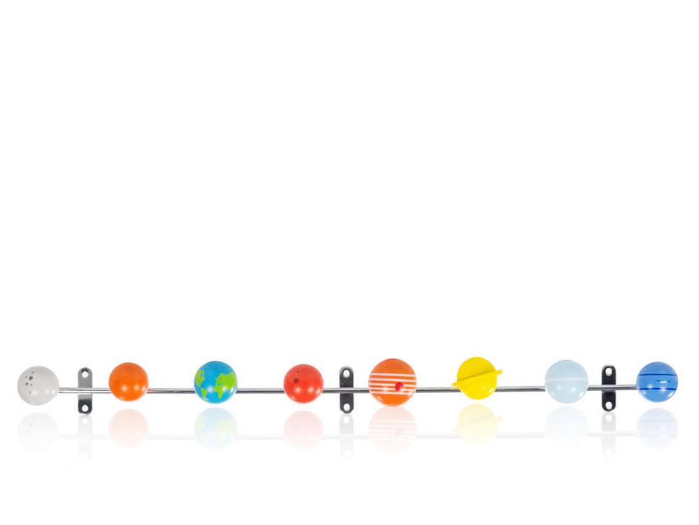 Solar system coat rack with colorful wooden planet hooks on a metal rail, wide view
