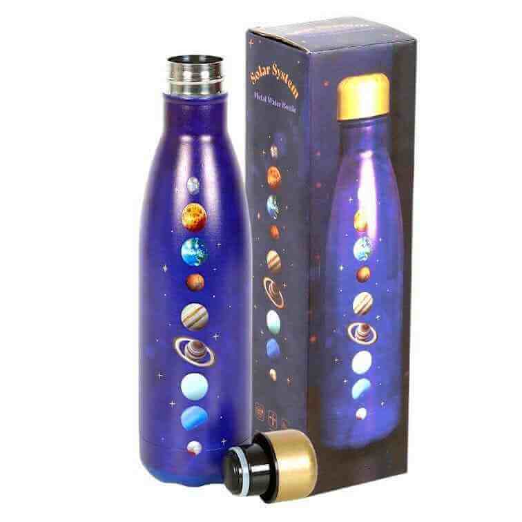 Purple metal water bottle with gold cap and solar-system planets graphic