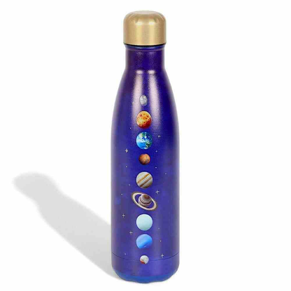 Purple metal water bottle with gold cap and solar-system graphic along the side