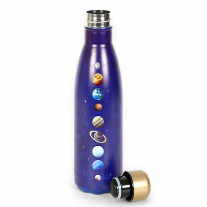 Purple metal water bottle with gold cap and solar-system planets, with black base ring