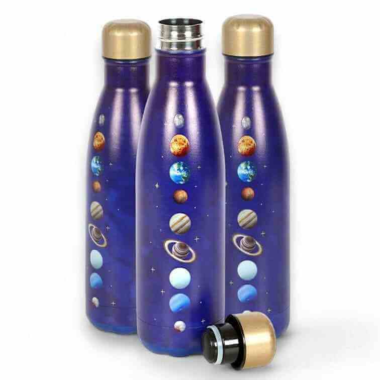 Three purple metal water bottles with gold caps and solar-system planet designs