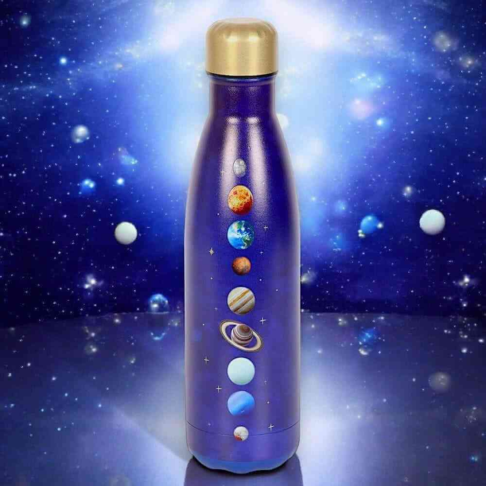 Purple metal water bottle with gold cap and solar-system planet and orbit design