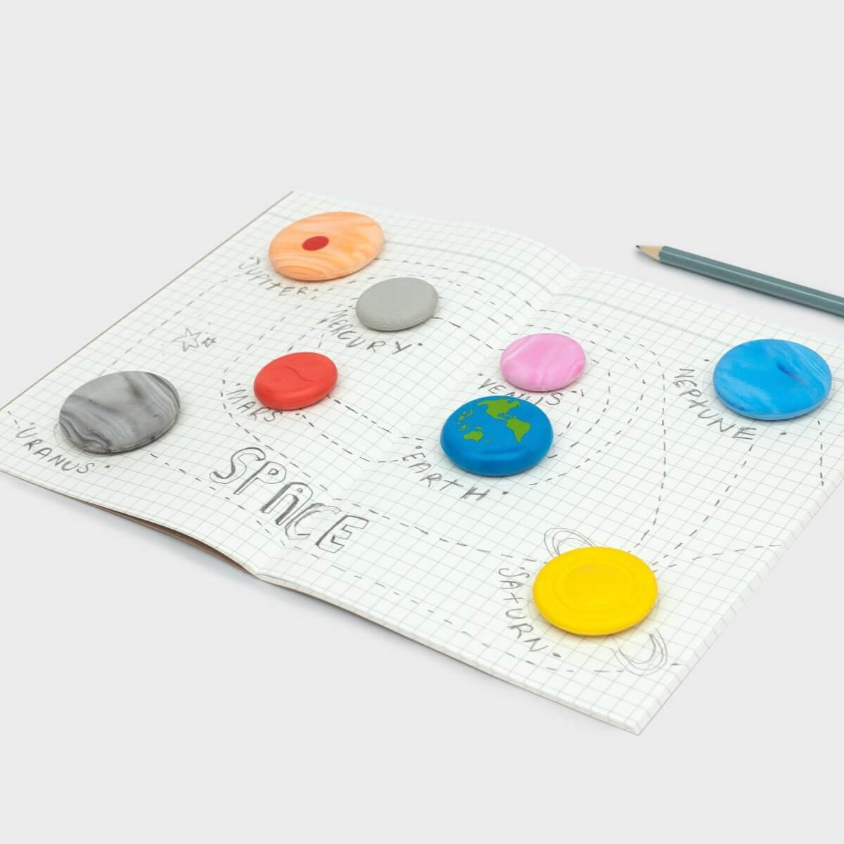 Solar system erasers on a grid chart: orange planet, gray, pink, blue Earth, green, and yellow