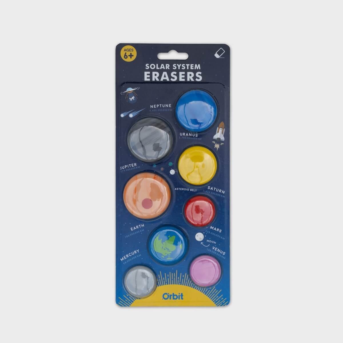 Solar system eraser set blister card with eight round planet-shaped erasers, including Earth