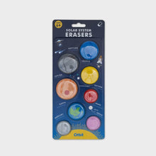 Solar system eraser set blister card with eight round planet-shaped erasers, including Earth