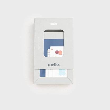Solo Mello playing cards: boxed set with window showing blue card artwork