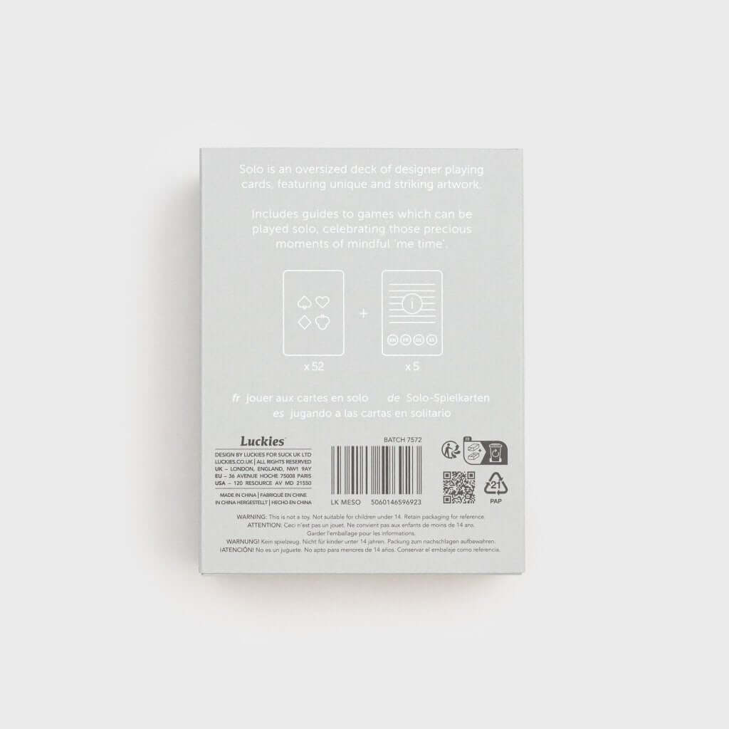 Solo Mello playing cards box back: printed instructions and barcode label