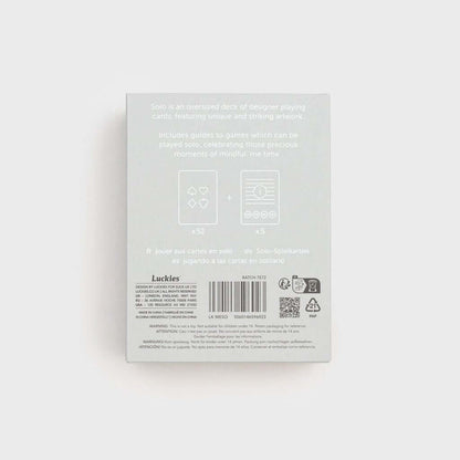 Solo Mello playing cards box back: printed instructions and barcode label