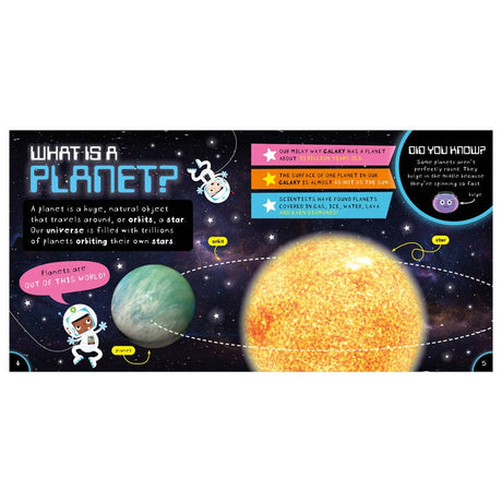 Educational poster about planets with illustrations of Earth and the Sun, and text explaining what a planet is.