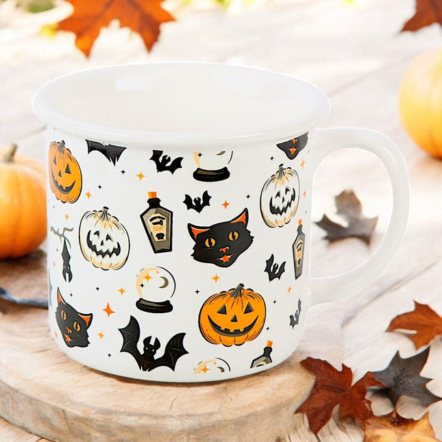 Spooky Cat and Pumpkin Print Mug, Halloween Black Cat. Pumpkins - Mugs and Cups by Spirit of equinox