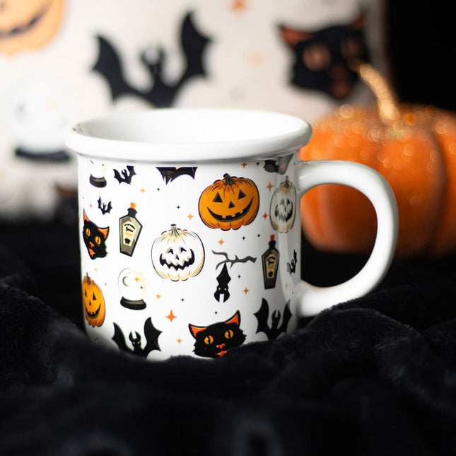 Spooky Cat and Pumpkin Print Mug, Halloween Black Cat. Pumpkins - Mugs and Cups by Spirit of equinox