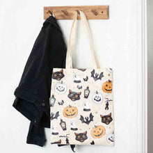 Poly-cotton tote bag with Halloween cat, pumpkin, bat and cauldron print