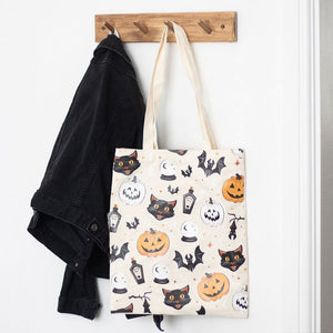 Spooky Cat and Pumpkin Print Poly - cotton Tote Bag🐈‍⬛ - Lunch Boxes & Totes by Spirit of equinox