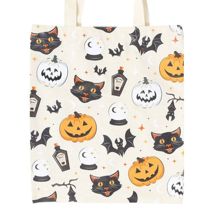 Spooky Cat and Pumpkin Print Poly - cotton Tote Bag🐈‍⬛ - Lunch Boxes & Totes by Spirit of equinox