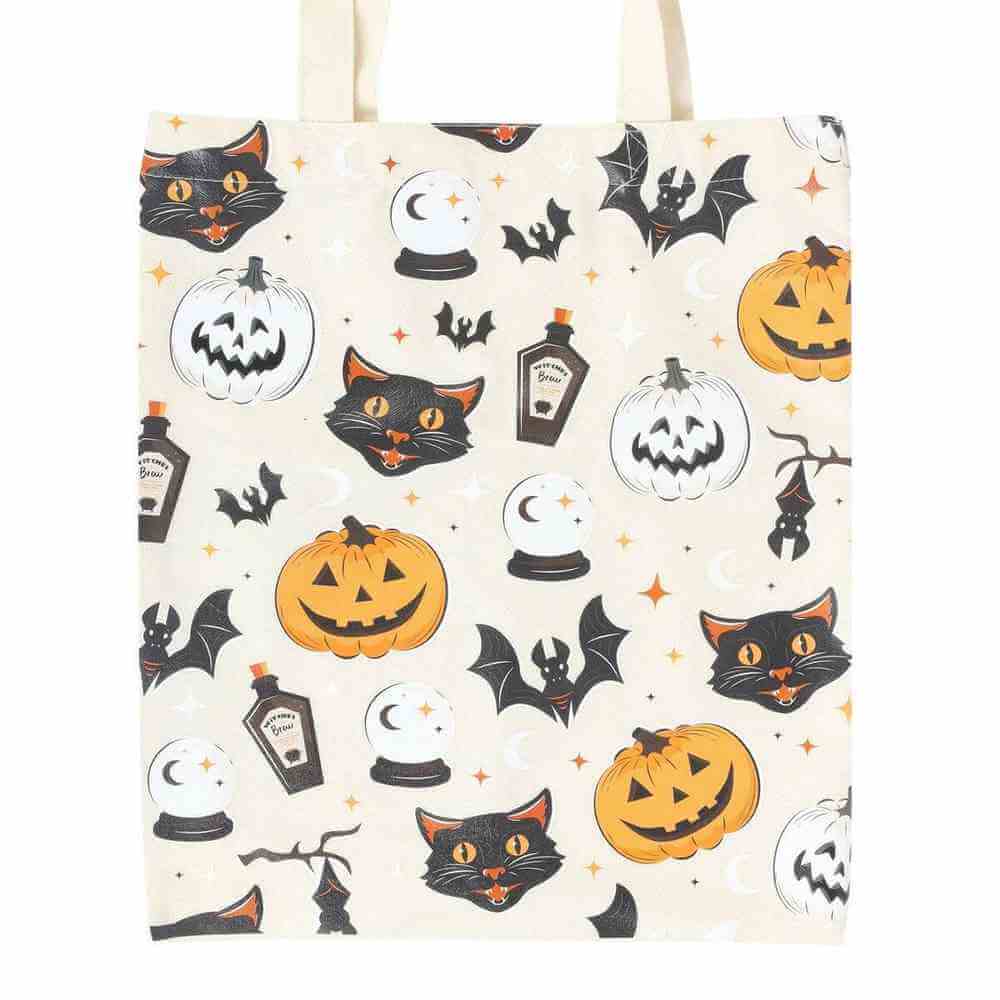 Poly-cotton tote bag with repeating Halloween cat, pumpkin, bat and moon print