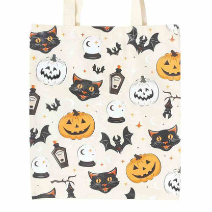 Poly-cotton tote bag with repeating Halloween cat, pumpkin, bat and moon print