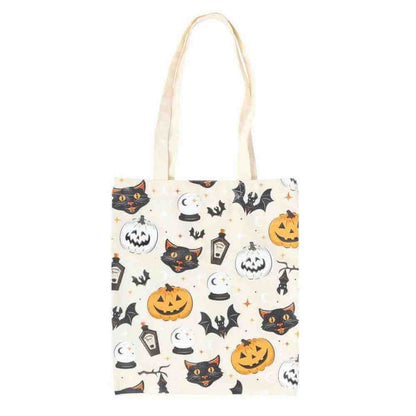 Halloween poly-cotton tote bag with cat and pumpkin pattern and long handles