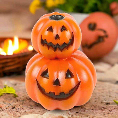 Stacked pumpkin jack-o-lantern backflow incense burner with two carved faces