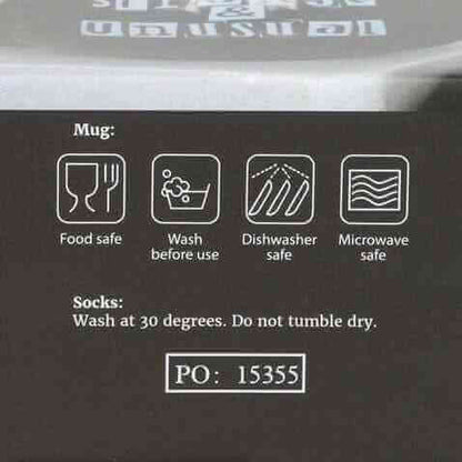 Package care panel for mug and socks with wash and microwave safe icons