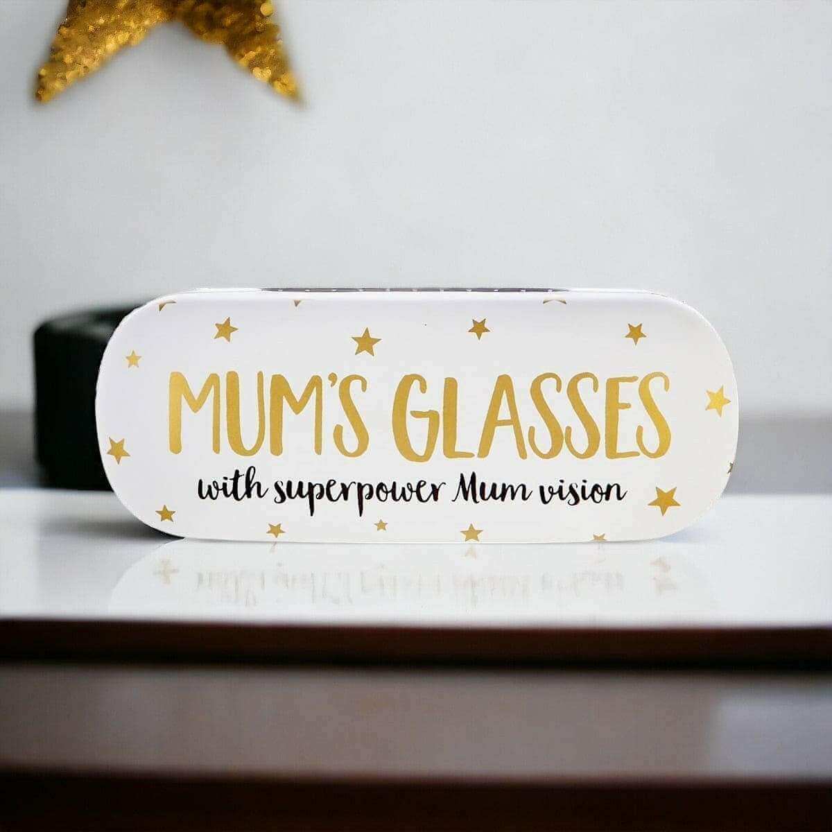 White glasses case with gold "MUM'S GLASSES" text and star accents, closed