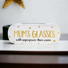 White glasses case with gold "MUM'S GLASSES" text and star accents, closed