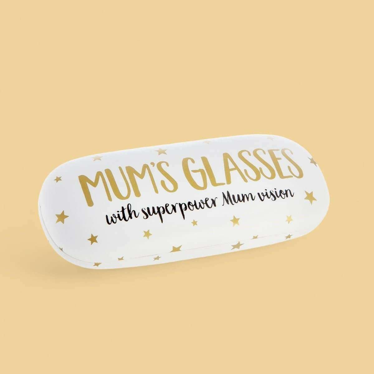 White oval glasses case with gold "MUM'S GLASSES" and "superpower Mum vision" stars