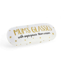 Oval white glasses case, top view, gold "MUM'S GLASSES" and small star pattern