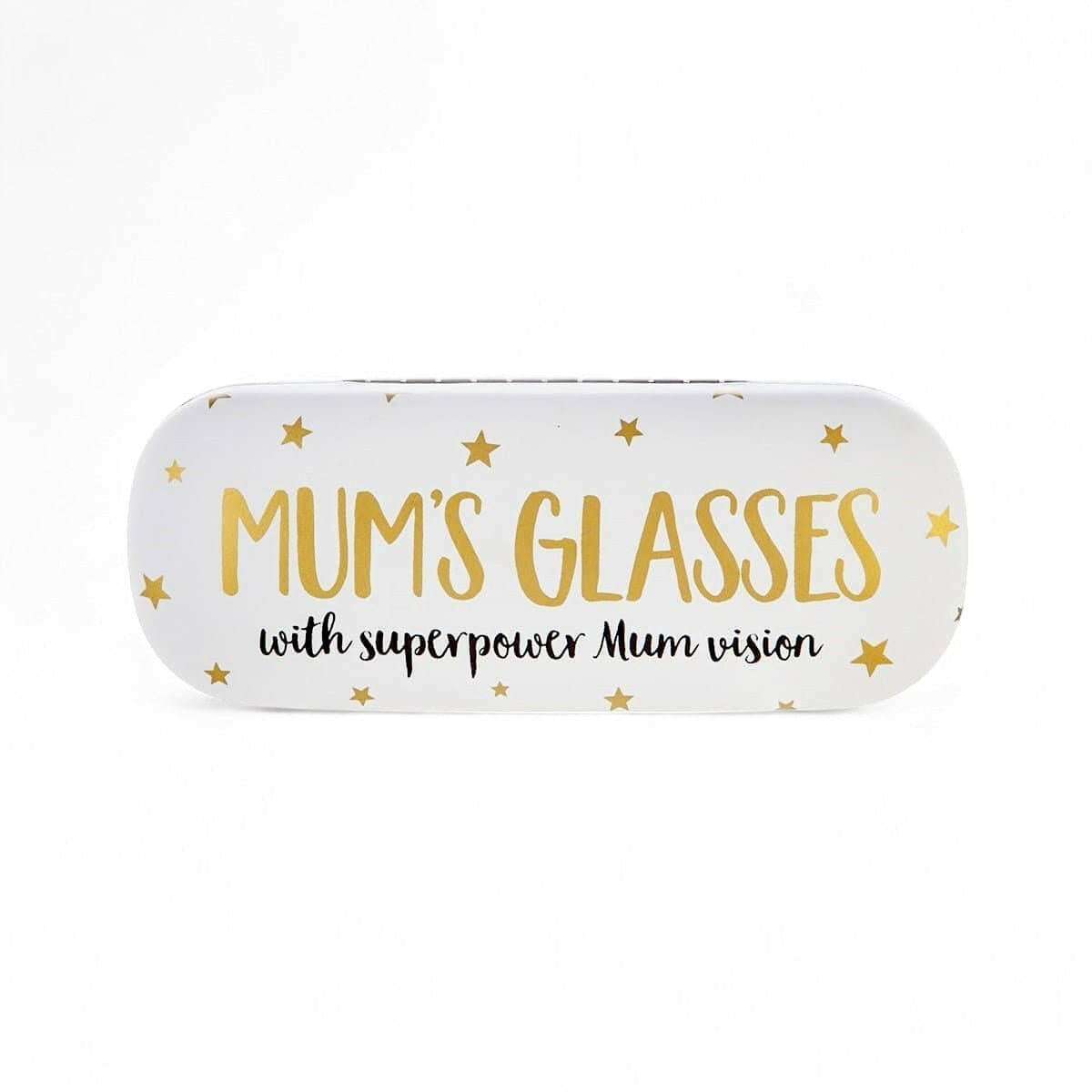 White closed glasses case with gold "MUM'S GLASSES" lettering and star border