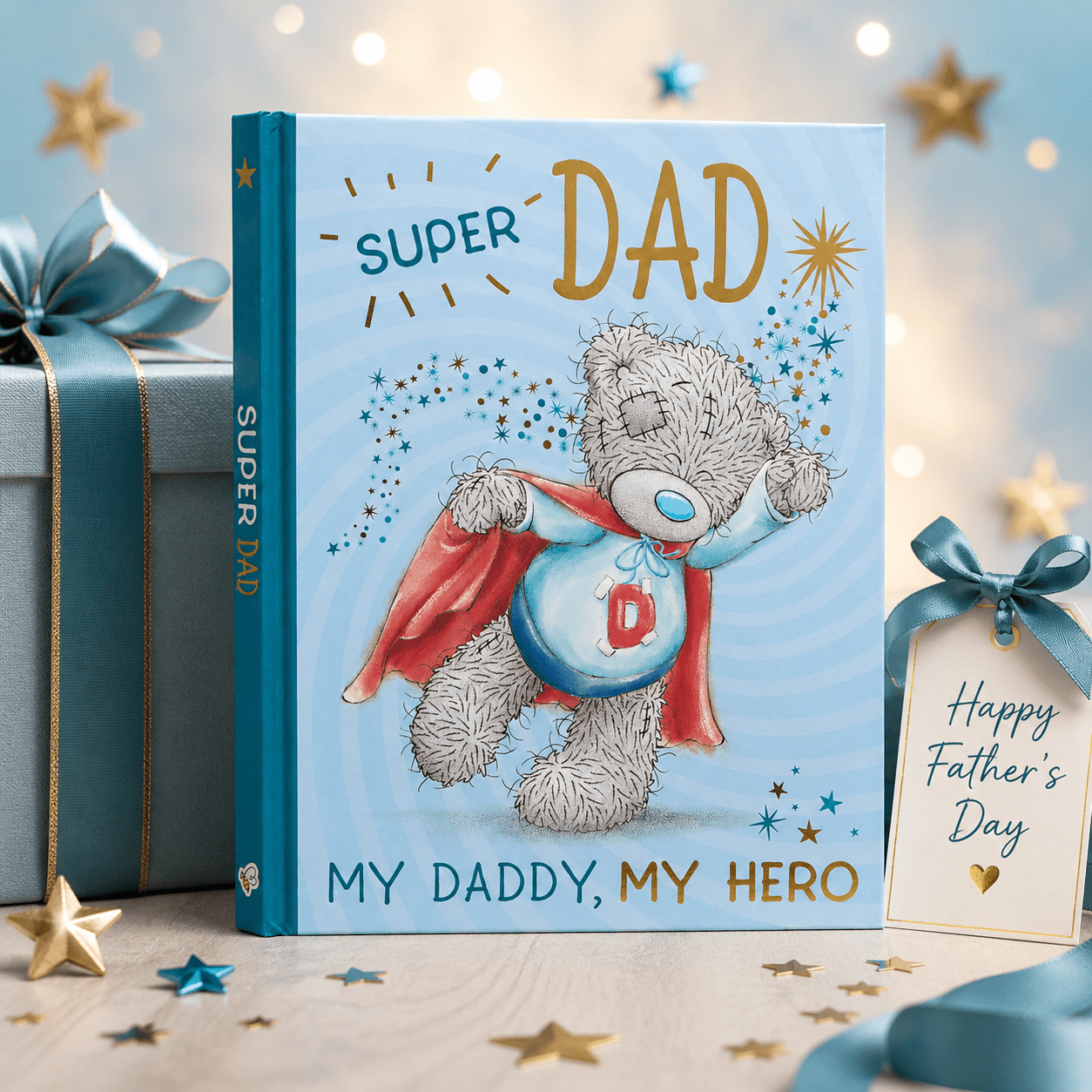 Super Dad gift book with blue cover, teddy hero illustration, and “My Daddy, My Hero” text