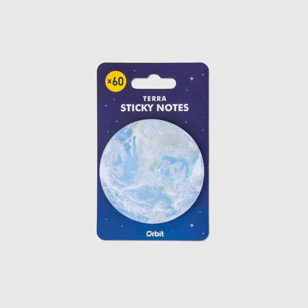 TERRA sticky notes pack featuring a blue planet on a dark space card