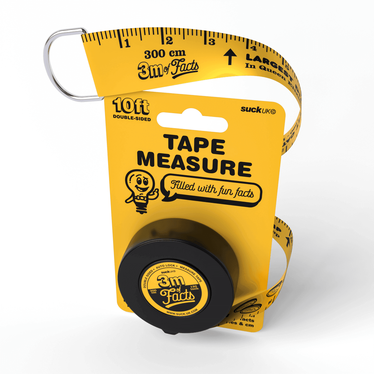 Auto-lock tape measure in yellow packaging, retractable tape with 3m fun-facts
