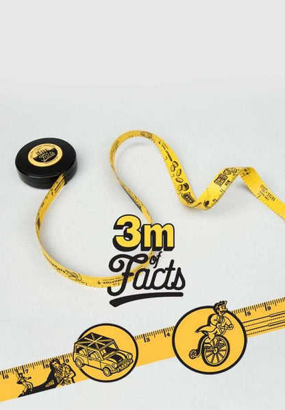 Retractable yellow tape measure with 3m fun-facts print and marked numbers