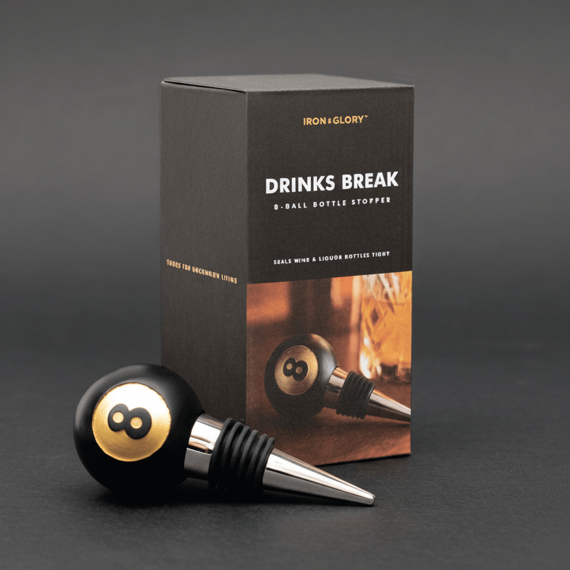 Black 8-ball bottle stopper set with retail box, gold 8 emblem and spout