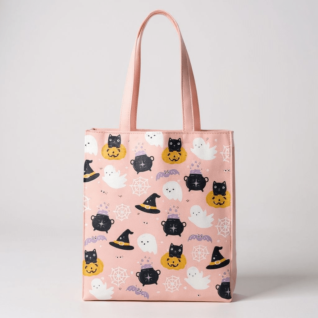 Pink poly-cotton tote with ghost, pumpkin, and cat faces print; fabric handles