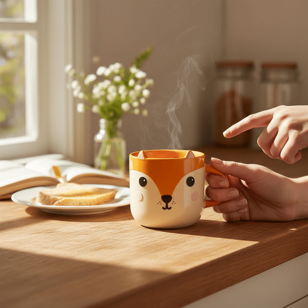 Fox face ceramic mug in orange and cream with curved handle, front view.