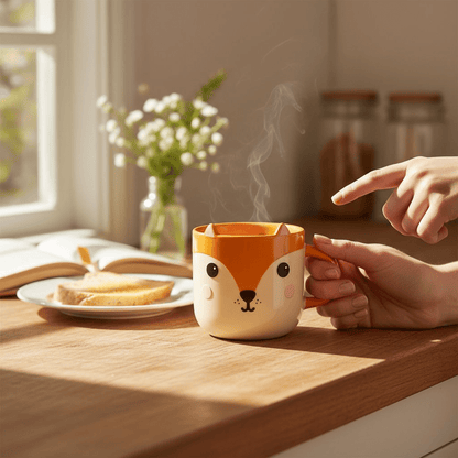 Fox face ceramic mug in orange and cream with curved handle, front view.