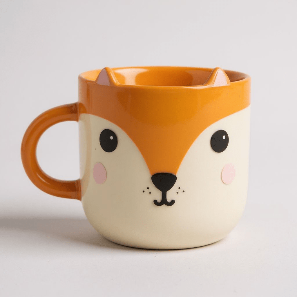 Orange and cream fox face ceramic mug with curved handle and small ears on rim.