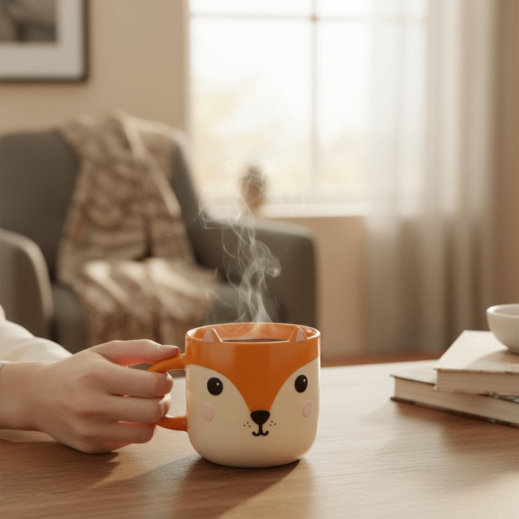 Orange and cream fox face ceramic mug with curved handle and steaming cup top.