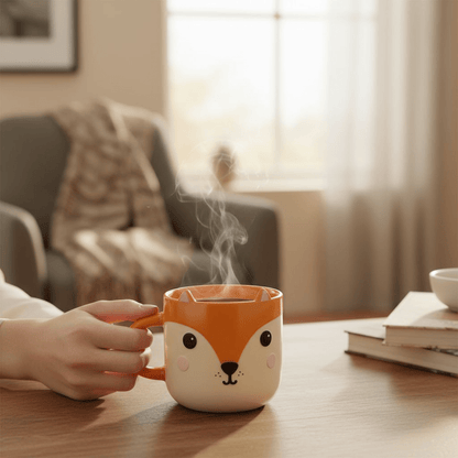 Orange and cream fox face ceramic mug with curved handle and steaming cup top.