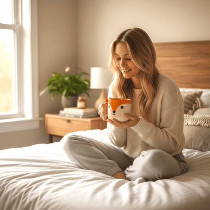 Fox face ceramic mug in orange and cream, held with curved handle visible.
