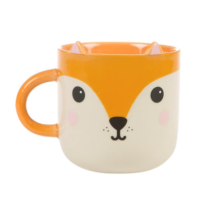 Orange and cream fox face mug with curved handle and ears on the rim.